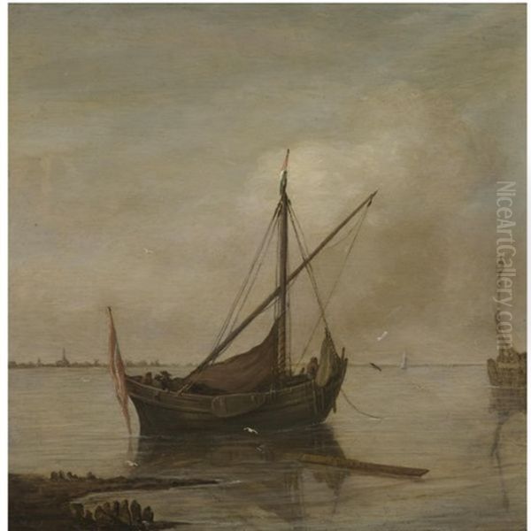 A Smalschip Moored Off The Dutch Coast, Possibly The Hollandsch Diep And Willemstad Oil Painting by Justus Verwer