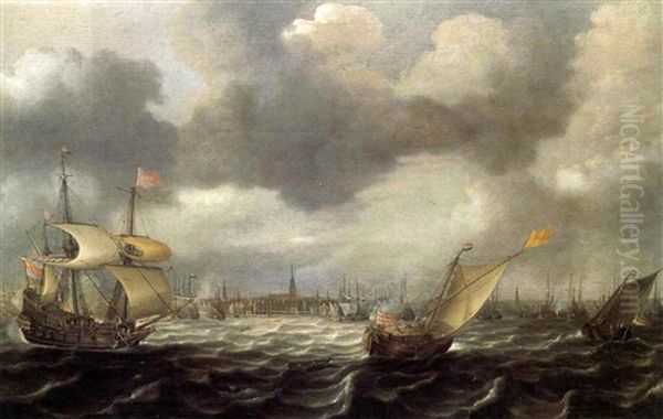 Bateaux Devant Le Port D'amsterdam Oil Painting by Justus Verwer