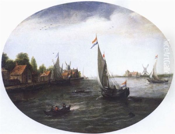 Hollandische Fluslandschaft Mit Segelbooten Oil Painting by Justus Verwer