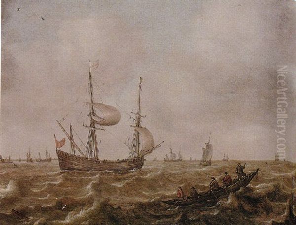 Shipping Vessels On Choppy Seas, With Men In A Fishing Boat In The Foreground Oil Painting by Justus Verwer