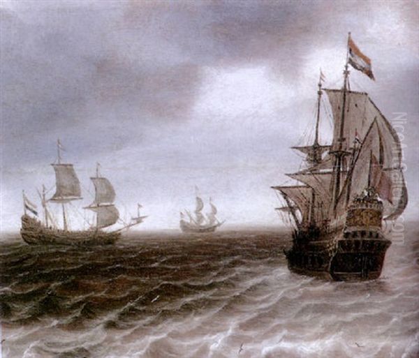 Dutch Men O'war In Choppy Waters Oil Painting by Justus Verwer