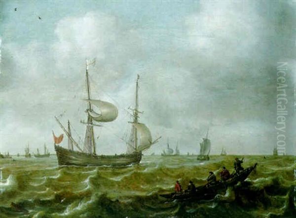 Shipping In A Stiff Breeze, With Rowing Boats In Foreground by Justus Verwer