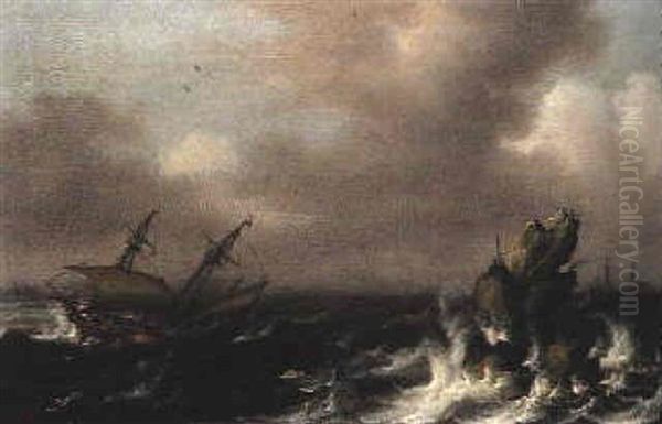 Shipping In Choppy Seas Oil Painting by Justus Verwer