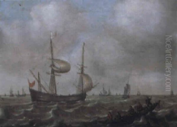 Marin Med Segelfartyg Och Roddbat Oil Painting by Justus Verwer