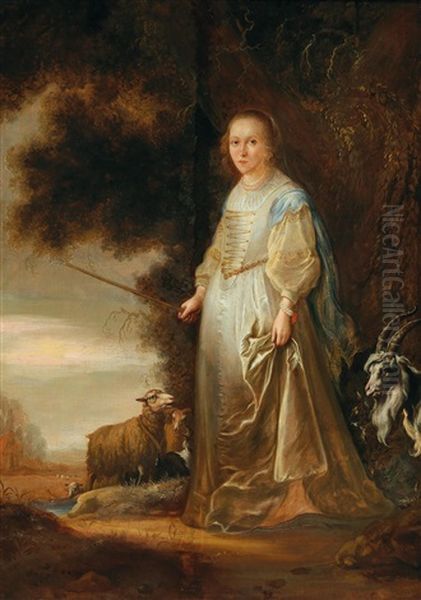 A Young Woman In Arcadian Costume With Goats And Sheep by Francois Verwilt