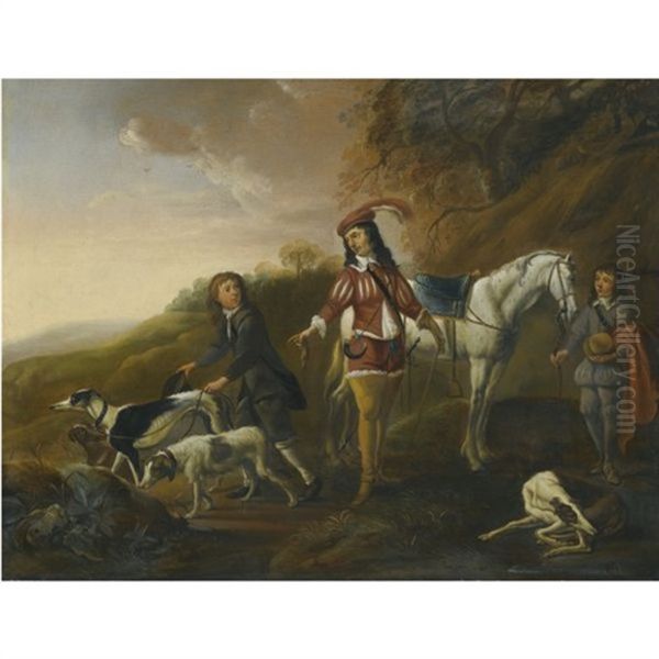 A Gentleman Resting During The Hunt, His Two Page Boys In Attendance Oil Painting by Francois Verwilt