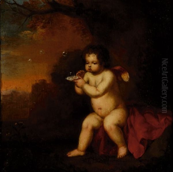 Bubble-blowing Putto (+ Standing Putto; 2 Works) Oil Painting by Francois Verwilt