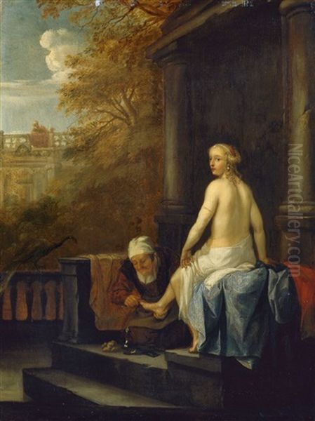 Bathseba Im Bade, Im Hintergrund Konig David Auf Dem Dach Seines Palastes Oil Painting by Francois Verwilt