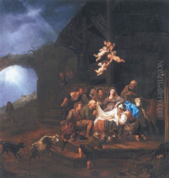 The Adoration Of The Shepherds, With The Annunciation To The Shepherds On A Hillside Beyond Oil Painting by Francois Verwilt