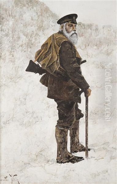 A Man With A Rifle Oil Painting by Jaroslav Friedrich Julius Vesin