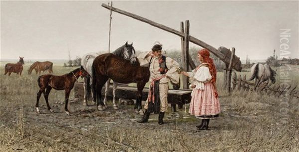 Meeting By The Well Oil Painting by Jaroslav Friedrich Julius Vesin