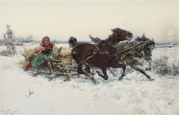 Sleigh Ride. Girl In A Sleigh Oil Painting by Jaroslav Friedrich Julius Vesin