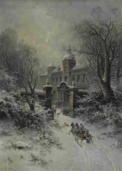 Pferdeschlitten An Der Einfahrt Zu Einem Winterlichen Palastgarten Oil Painting by Jaroslav Friedrich Julius Vesin