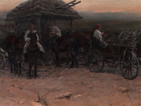 Gypsies With Horses Oil Painting by Jaroslav Friedrich Julius Vesin