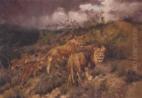 A Family Of Lions Oil Painting by Geza Vestagh