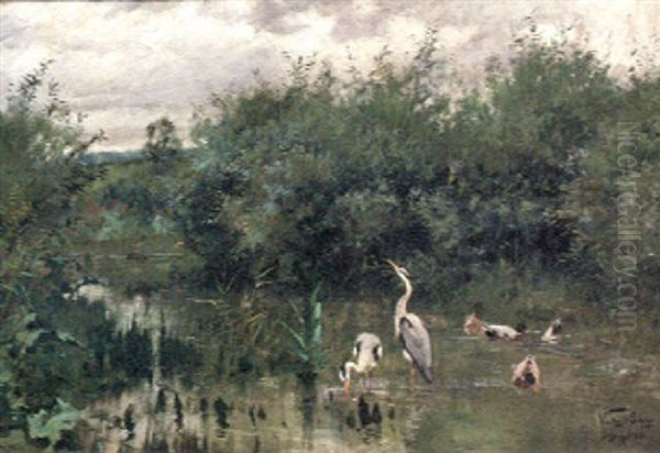 Herons And Ducks In A Lake Oil Painting by Geza Vestagh