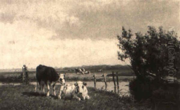 Cows In A Polder Landscape Oil Painting by Gesina Johanna Francina Vester