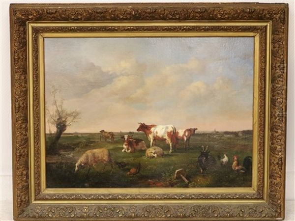 Weide Met Koeien, Schapen, Kippen En Geitenbok Oil Painting by Willem Vester