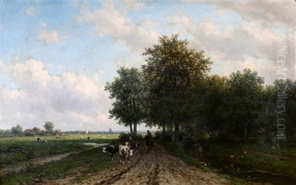 Boer Met Koeien Op Een Pad Langs Een Rivier Oil Painting by Willem Vester