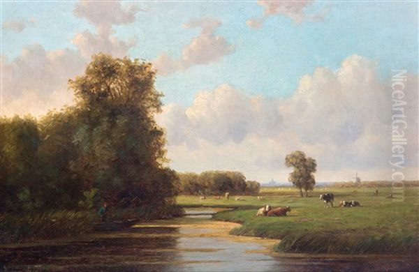 Koeien In Zonnig Weidelandschap, De Stad Haarlem Aan De Horizon Oil Painting by Willem Vester