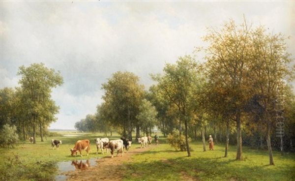 Weidende Kuhe In Landschaft Mit Bauernpaar Oil Painting by Willem Vester