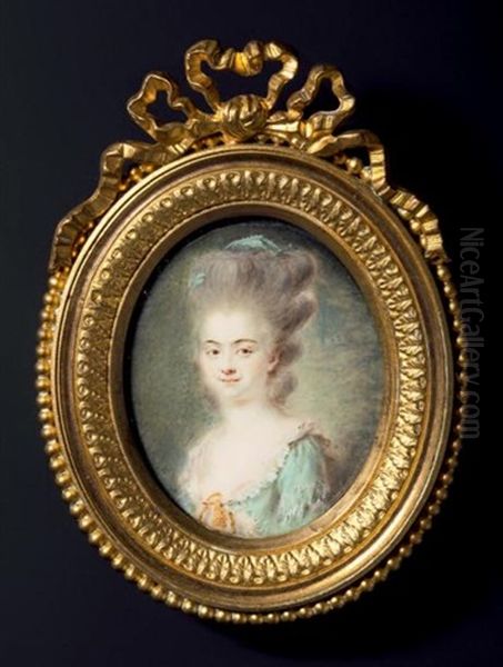 Portrait D'une Dame De Qualite En Buste De Trois-quarts Vers La Gauche, Presque De Face, En Robe De Soie Verte Largement Decolletee, La Coiffure Dite En Herisson-couvert D'une Caleche Retroussee Ornee De Rubans De Soie Verte Oil Painting by Antoine Vestier