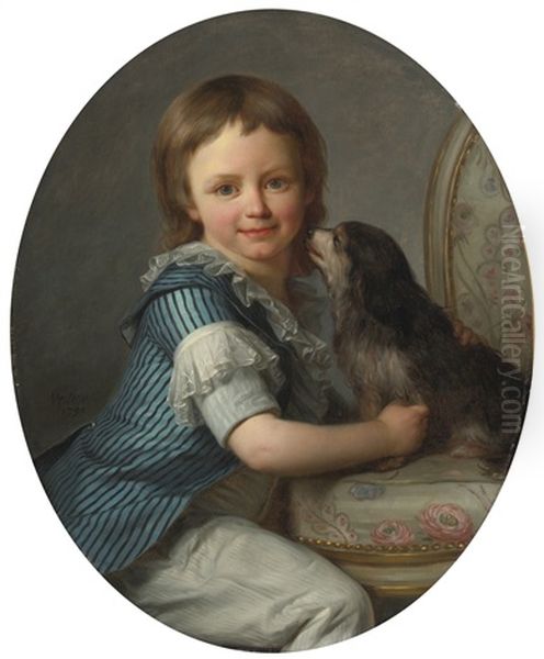 Portrait Of A Young Boy, Possibly Henri Delacroix, And His Spaniel Oil Painting by Antoine Vestier