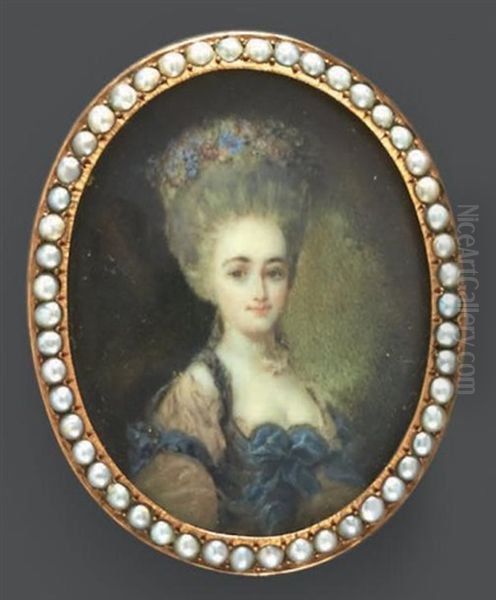 Portrait D'une Dame De Qualite En Robe De Soie Rose Et Rubans Bleus A Tres Haute Perruque Remontee Et Piquee De Fleurs En Couronne Oil Painting by Antoine Vestier