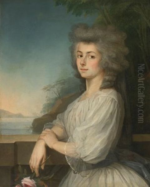 Portrait Of A Woman On A Terrace, A Landscape Beyond Oil Painting by Antoine Vestier