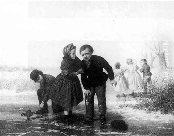 Children On A Frozen Pond Oil Painting by Johannes Vetten