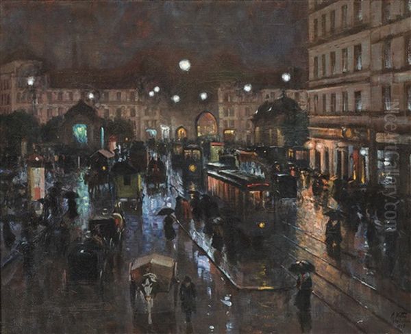 The Stachus In Munich At Night Oil Painting by Charles Vetter