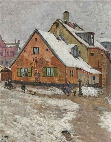 Children In A Wintery Village Oil Painting by Charles Vetter