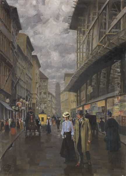 Munchner Weinstrase Mit Blick Richtung Theatinerkirche, Rechts Die Baugeruste Des Rathauses Oil Painting by Charles Vetter