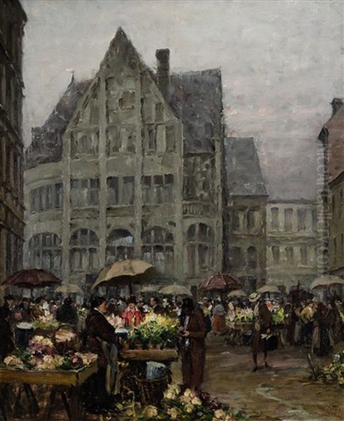 Blumenmarkt Am Platzl In Munchen Oil Painting by Charles Vetter