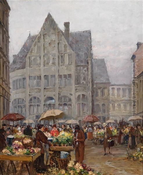 Blumenmarkt Am Platzl In Munchen Oil Painting by Charles Vetter