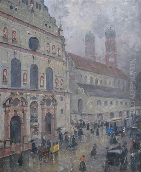 Munchen Bei Regen. Flaneure Auf Der Neuhauser Strase Bei St. Michael, Im Hintergrund Die Turme Der Frauenkirche Oil Painting by Charles Vetter