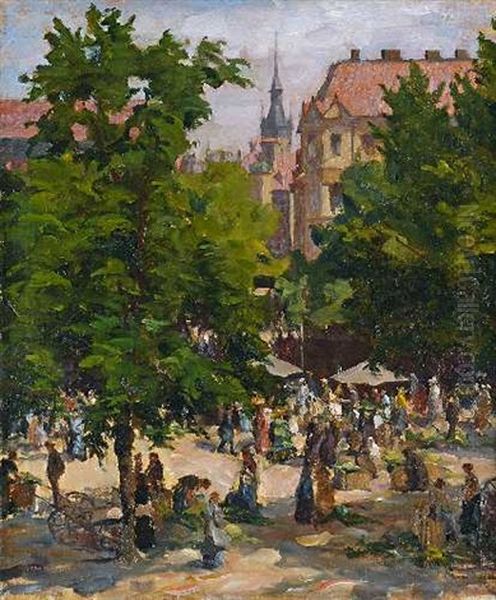 Auf Dem Viktualienmarkt In Munchen Oil Painting by Charles Vetter