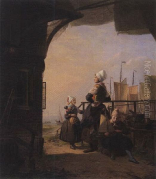 Fischersfrau Mit Kindern In Erwartung Der Boote Oil Painting by Hendrik Vettewinkel