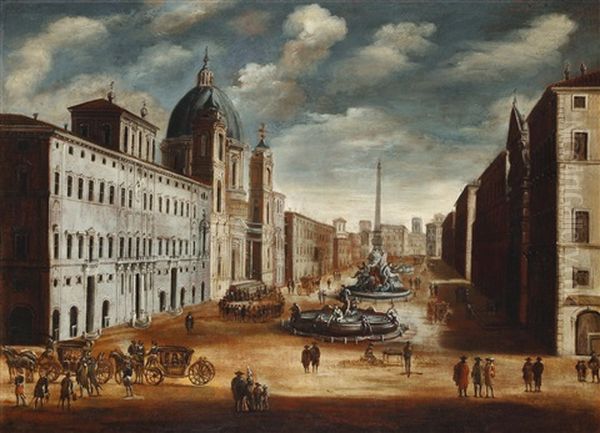 Ansicht Von Piazza Navona (+ Ansicht Von Piazza San Pietro; 2 Works) Oil Painting by Gaetano Vetturali