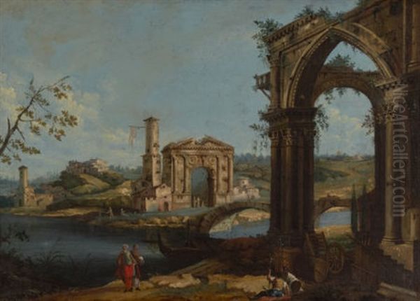 Italian Scene With Ruins Oil Painting by Gaetano Vetturali