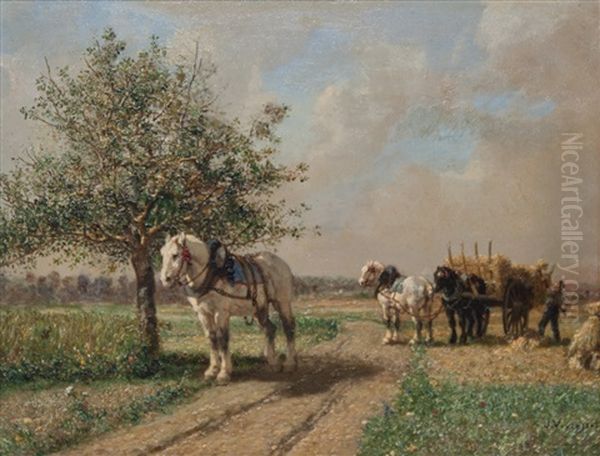 La Moisson, Plaine De Barbizon Oil Painting by Jules Jacques Veyrassat