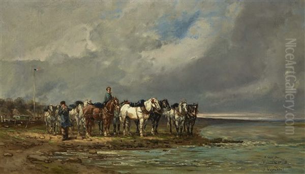 Zwei Manner Mit Zugpferden Oil Painting by Jules Jacques Veyrassat