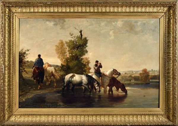 Cavaliers Faisant Boire Leurs Chevaux Oil Painting by Jules Jacques Veyrassat