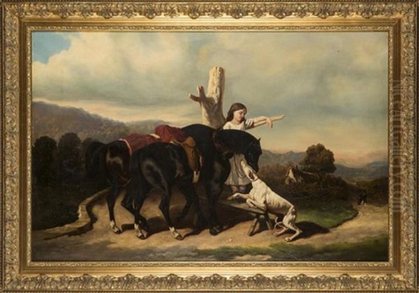 Deux Pur-sangs Dans Un Paysage Avec Levrier Et Patre by Jules Jacques Veyrassat