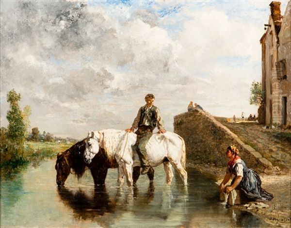 Chevaux S'abreuvant Oil Painting by Jules Jacques Veyrassat