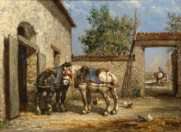 Chevaux De Trait Dans La Cour D'une Ferme Oil Painting by Jules Jacques Veyrassat