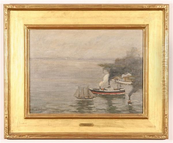 Steamboat And Sailboat In Brooklyn Harbor Oil Painting by Charles Vezin