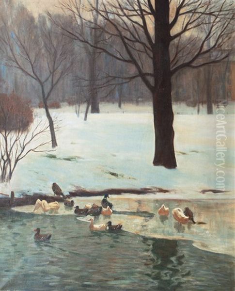 Ducks On The Alster Oil Painting by Frederick Vezin