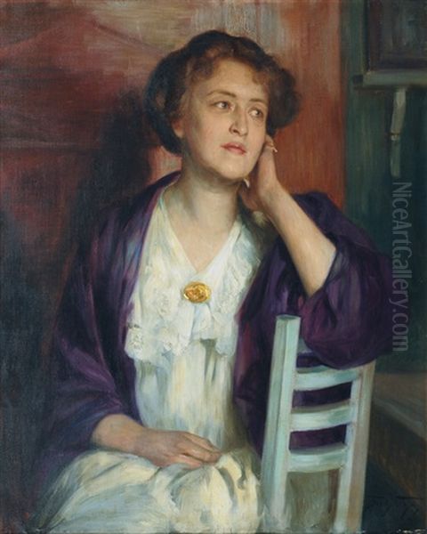 Meditative Woman With Lilac Scarf Oil Painting by Frederick Vezin