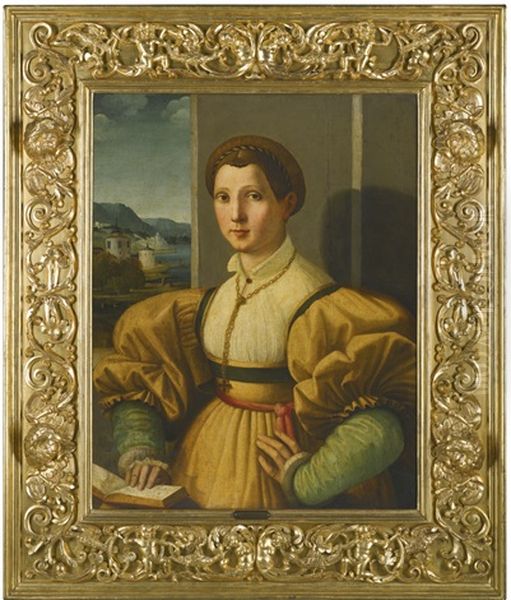 Portrait Of A Lady, Half-length, In A Yellow Dress With Green Sleeves And A Gold Chain, Resting Her Hand On A Book In An Interior, A River Landscape Beyond Oil Painting by Ezechia da Vezzano